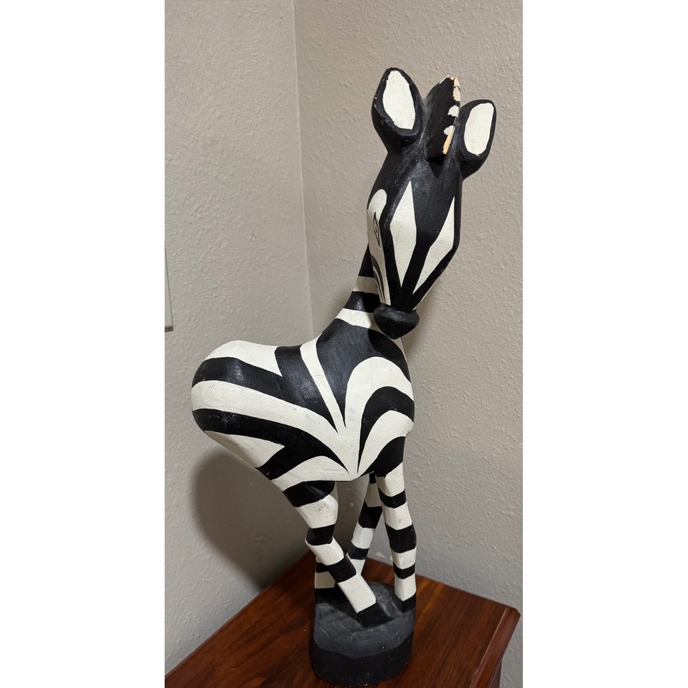 Hand Painted Carved Wood Zebra Figurine Safari Folk Art Decor Black White